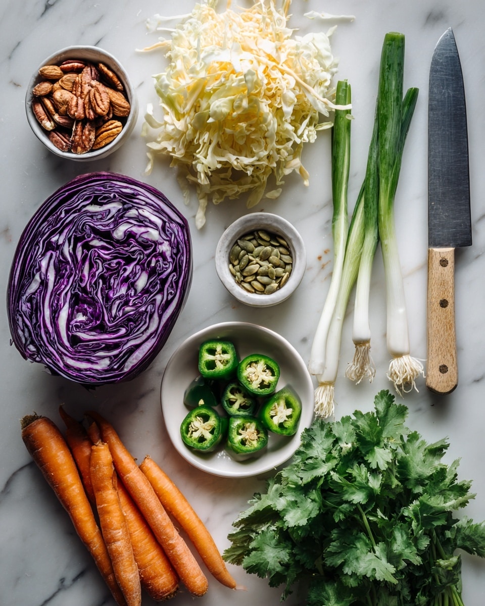 A white marbled surface holds a variety of fresh ingredients arranged neatly from top to bottom. At the top center, there is a pile of pale yellow shredded cabbage with long thin strips. To the right is a knife with a light wooden handle, placed horizontally. Near the knife's tip, there are three white green onions, showing white bulbs and long green tops. Below the onions, a small white bowl is filled with green pumpkin seeds, next to two halved green jalapeño peppers with white seeds inside. In the lower center, a half of purple cabbage reveals a vibrant swirling pattern of purple and white layers. To the left, a small white round dish holds chopped brown almonds. Below the almonds, a bunch of bright orange carrots with leafy green tops extends from the bottom left corner. Fresh green cilantro leaves fill the bottom right area, completing the fresh vegetable display. Photo taken with an iphone --ar 4:5 --v 7