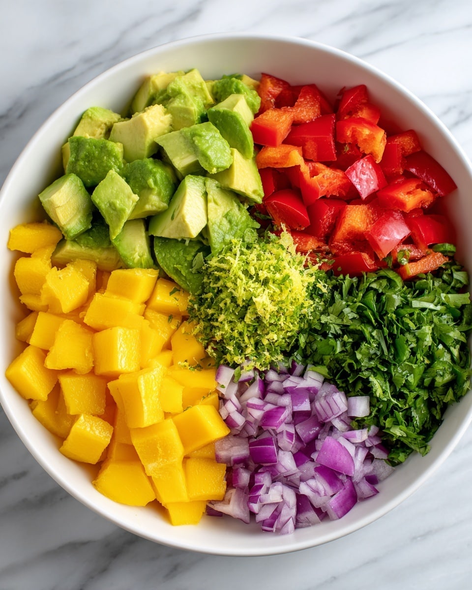 A white bowl holds six sections of fresh ingredients neatly arranged. Starting from the top left, there are bright green avocado chunks. To the right of the avocado, vibrant red bell pepper pieces fill a section. Below the bell pepper, fresh green herbs, likely cilantro or parsley, add a leafy texture. At the bottom right, small pieces of purple onion show a smooth, shiny texture. Next to the onion, finely chopped green chili peppers add a rich green color. The largest section, covering the bottom left, contains bright yellow mango cubes. In the center of the bowl, there is some light green grated zest or herb garnish. The bowl sits on a white marbled surface, photo taken with an iphone --ar 4:5 --v 7