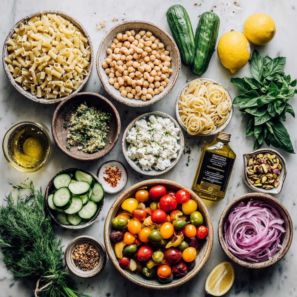 A large white bowl sits on a white marbled surface, filled with a colorful salad arranged in neat sections over a base of light beige orzo pasta. Starting from the top left and going clockwise, there are halved yellow, red, and green cherry tomatoes, finely chopped dark green parsley, light brown chickpeas mixed with chopped green mint leaves, sliced green cucumbers with some purple onion pieces, a handful of bright pink pickled onions, green fresh dill in the center, crumbled white cheese beside the dill, and a small pile of light green pistachios. Around the bowl, there are two wooden salad utensils on the left, a small white bowl with more pistachios at the top, another white bowl with a light mustard-colored dressing with flecks of red, a pink cloth on the bottom right, and green herbs scattered on the white marbled surface. photo taken with an iphone --ar 4:5 --v 7