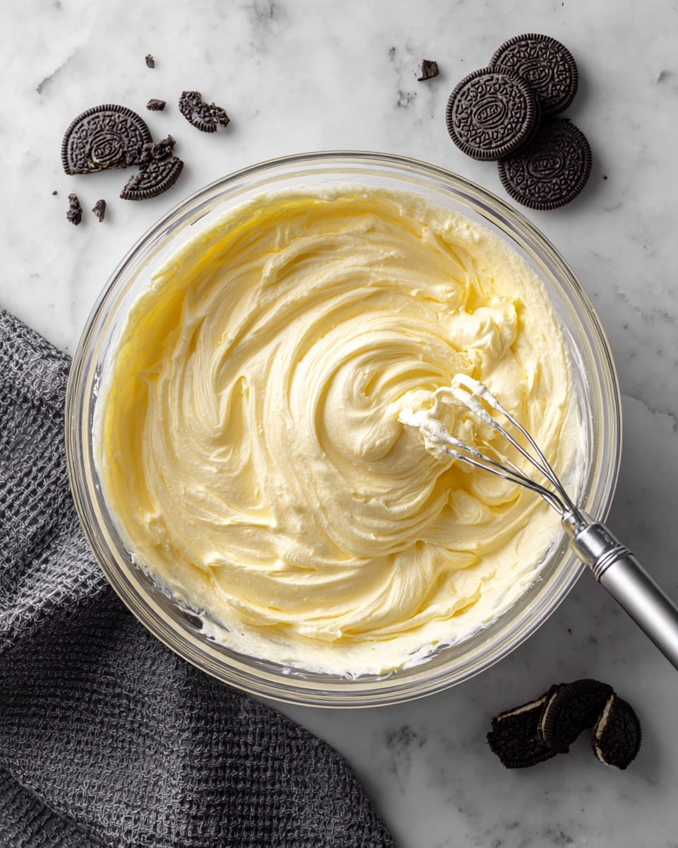 A clear glass bowl filled with a creamy, smooth light yellow mixture with soft swirls all around, showing the texture of whipped cream or frosting. On the right side inside the bowl, there is a metal mixer beater coated in the same light mixture. The bowl sits on a white marbled surface. On the side of the surface are several chocolate sandwich cookies, some whole and some broken, adding contrast to the creamy texture in the bowl. A dark gray textured cloth is partially visible on the left side. Photo taken with an iphone --ar 4:5 --v 7
