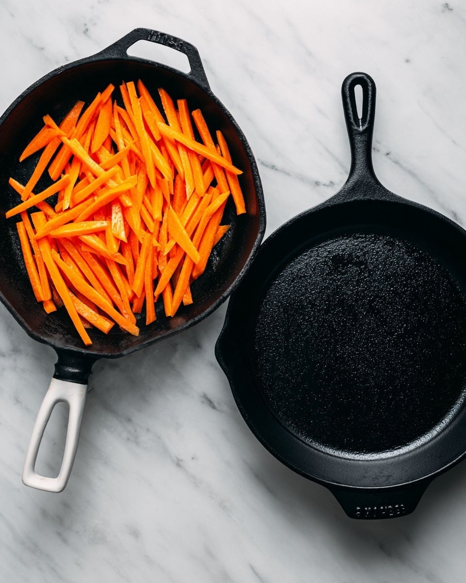 Two black cast iron skillets with white handles are shown on a white marbled surface. The skillet on the left holds bright orange carrot sticks cut into thin strips, spread evenly across the pan. The skillet on the right is empty with just a shiny, dark cooking surface visible, showing slight reflections from the lighting. Both pans are positioned side by side with handles pointing to the bottom right. Steam or slight smoke faintly rises from the empty skillet. photo taken with an iphone --ar 4:5 --v 7