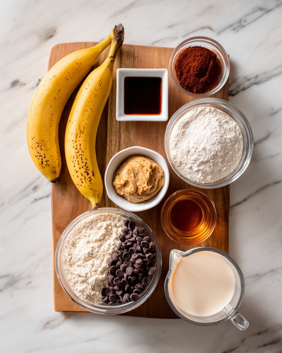 The image shows a wooden board on a white marbled surface holding several cooking ingredients arranged neatly. From left to right, there is a ripe yellow banana with some brown spots, a small white square dish with dark brown vanilla extract, a small white bowl with reddish-brown cinnamon powder, a small white bowl with white baking soda, a white bowl filled with light brown peanut butter, a clear glass bowl with white flour, a clear glass bowl filled with dark brown chocolate chips, a small glass cup with amber-colored liquid, and a clear measuring cup with light beige plant-based milk. Each ingredient is separate and clearly visible, with soft natural lighting highlighting the textures. Photo taken with an iphone --ar 4:5 --v 7