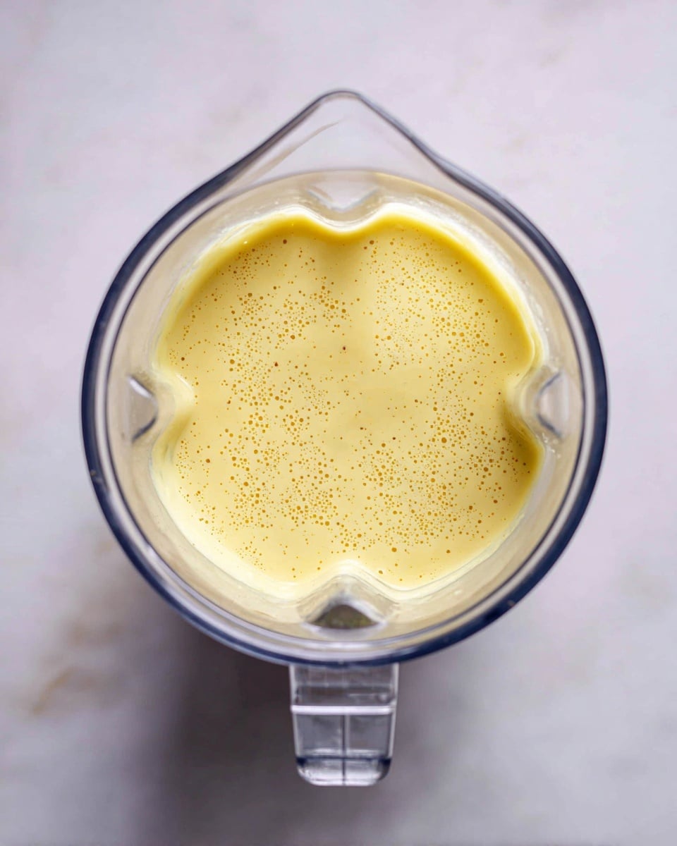 A clear blender cup filled with a smooth, light yellow sauce that has tiny dark specks spread throughout, showing a creamy and thick texture. The blender's round transparent lid is securely in place, and the scene is set on a white marbled surface with soft lighting. photo taken with an iphone --ar 4:5 --v 7