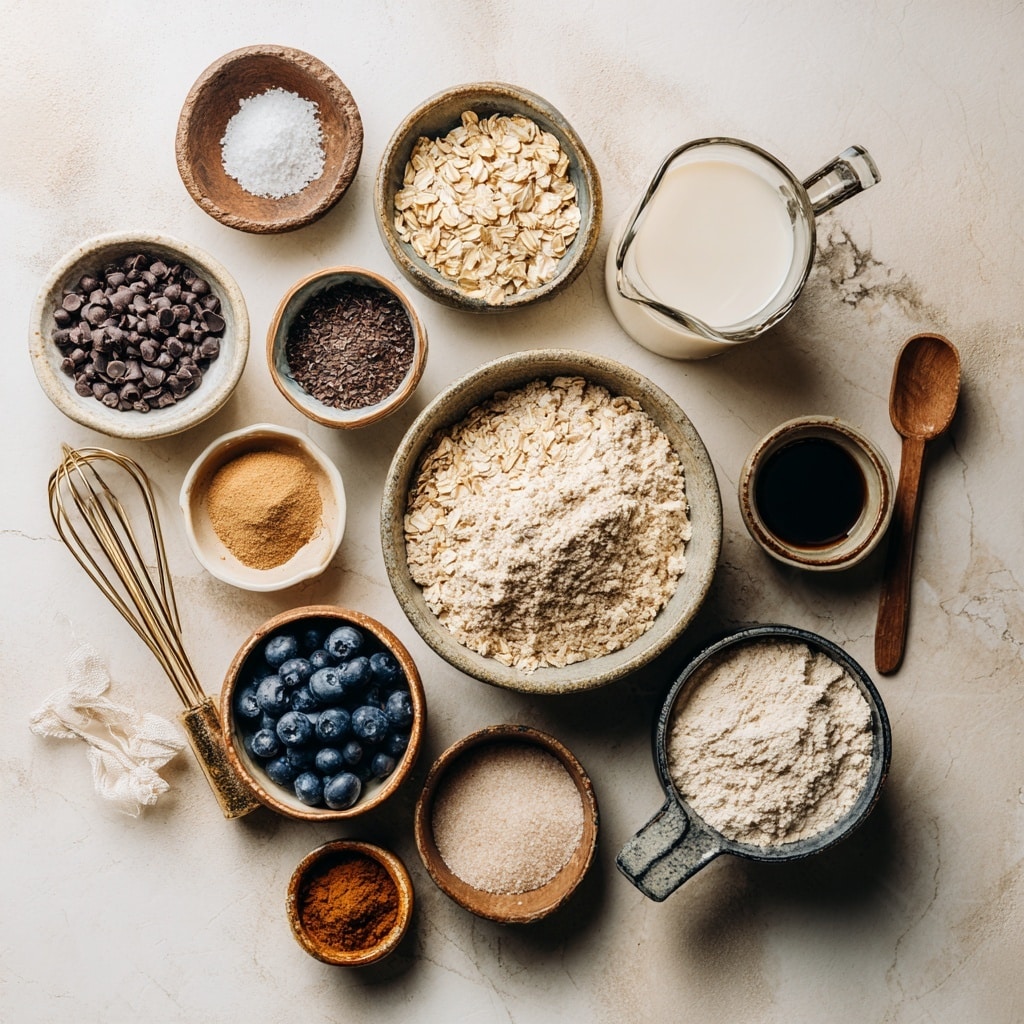 Inside a clear blender, there are several layers of ingredients. The bottom layer consists of light brown rolled oats, covering the base evenly. On top of the oats, at the center, there is a small mound of white flour-like powder. Around the flour, there are scattered patches of a dark brown spice and some lighter brown powder. The blender is placed on a white marbled surface, and the photo is taken from above, showing the inside contents clearly. photo taken with an iphone --ar 4:5 --v 7