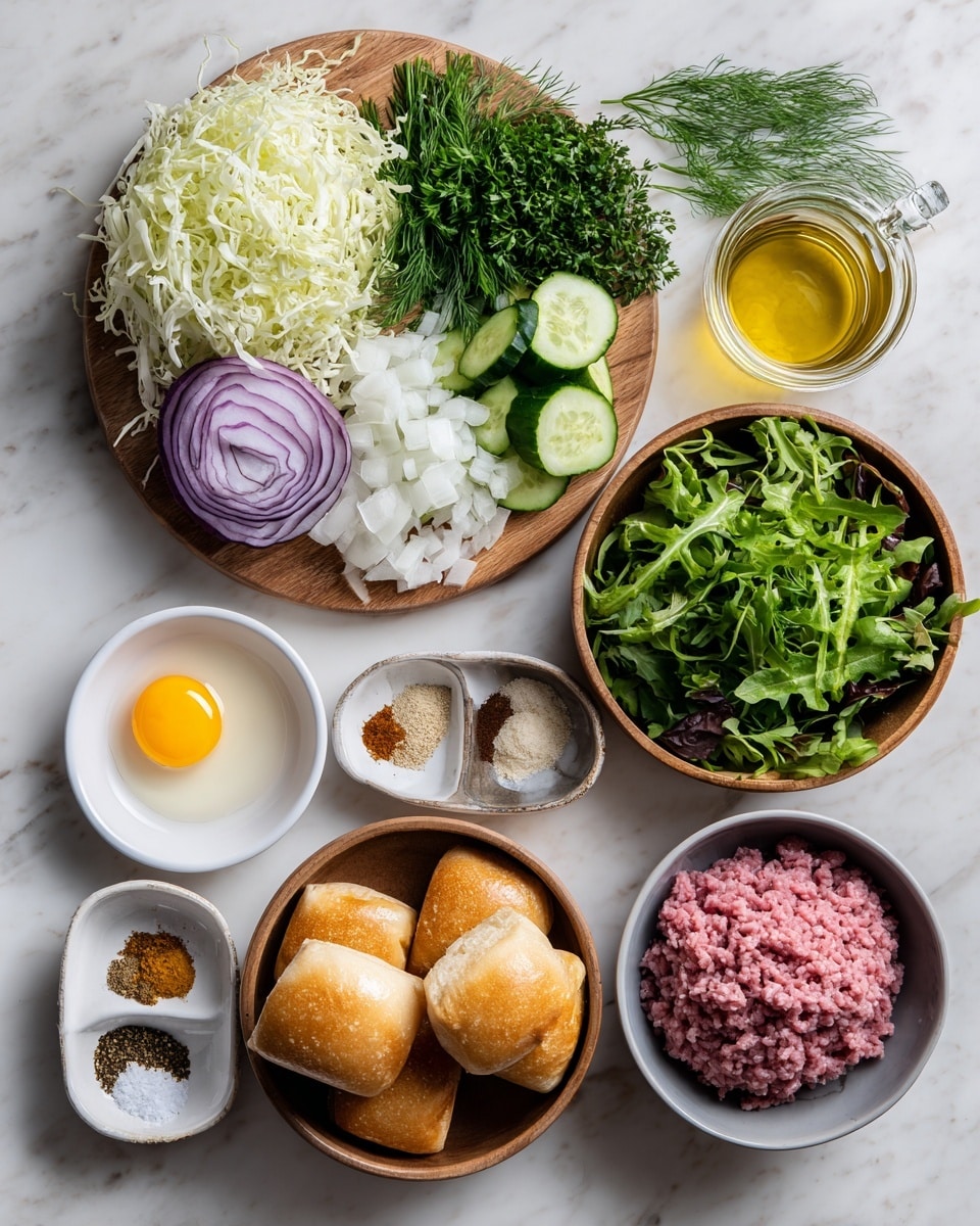 A white bowl with ridged edges holds a mixture of raw ground meat and finely chopped green herbs, spread evenly with a fork resting inside. Surrounding the bowl are slices of red onion on a wooden board with minced garlic and lemon zest nearby. To one side, there are three square toasted pieces of bread with a golden-brown crust. A white and black checkered cloth holds a pile of shredded light green vegetables, possibly zucchini. The surface beneath everything is a white marbled texture with slight shadows and two small glasses containing light and red liquids. Photo taken with an iphone --ar 4:5 --v 7