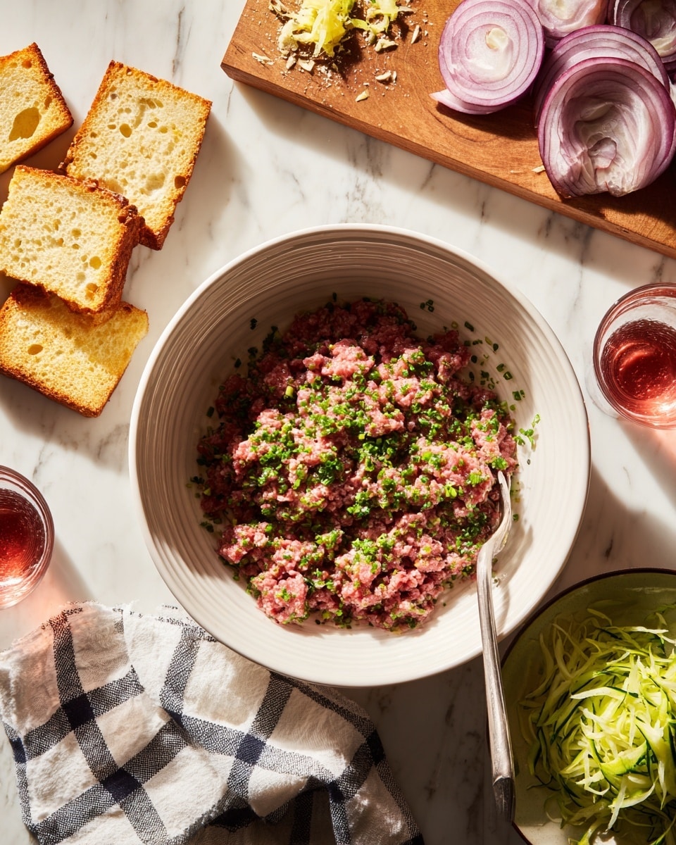 A top-down view of various fresh ingredients arranged on a white marbled surface. On the top left, a wooden board holds shredded white cabbage, chopped light green cucumber, finely chopped light purple shallots, and thick round slices of purple onion layered beside fresh green parsley and dill. To the right, there is a small glass jar of light yellow liquid, a glass container of olive oil, and a white bowl with one raw egg yolk and white. Below, a white plate holds six different spices in small piles; red, brown, light brown, black and white pepper mix, golden brown, and minced garlic. Next to it is a wooden bowl with white coarse salt, four golden-brown square bread rolls, a wooden bowl with fresh green mixed salad leaves like arugula, and a wooden bowl with white crumbled cheese. On the right side is a gray bowl with pink raw ground meat. photo taken with an iphone --ar 4:5 --v 7