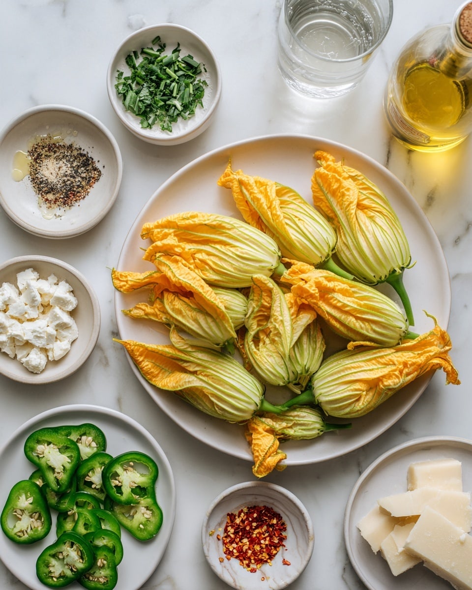 The image shows a white large round plate filled with ten whole fresh squash blossoms, with yellow petals and light green bases, arranged loosely to cover the plate. Around the plate, there are smaller white round bowls and dishes containing different ingredients: chopped green herbs in one bowl, finely sliced green onions in another, minced garlic with black pepper, salt, and dried herbs on a small white plate, a block of soft white cheese on a small white dish, and a white plate with sliced fresh green jalapeño peppers plus small piles of red chili flakes and white powder. A clear glass of water and a bottle of light yellow oil sit near the top right, all set on a white marbled surface. photo taken with an iphone --ar 4:5 --v 7