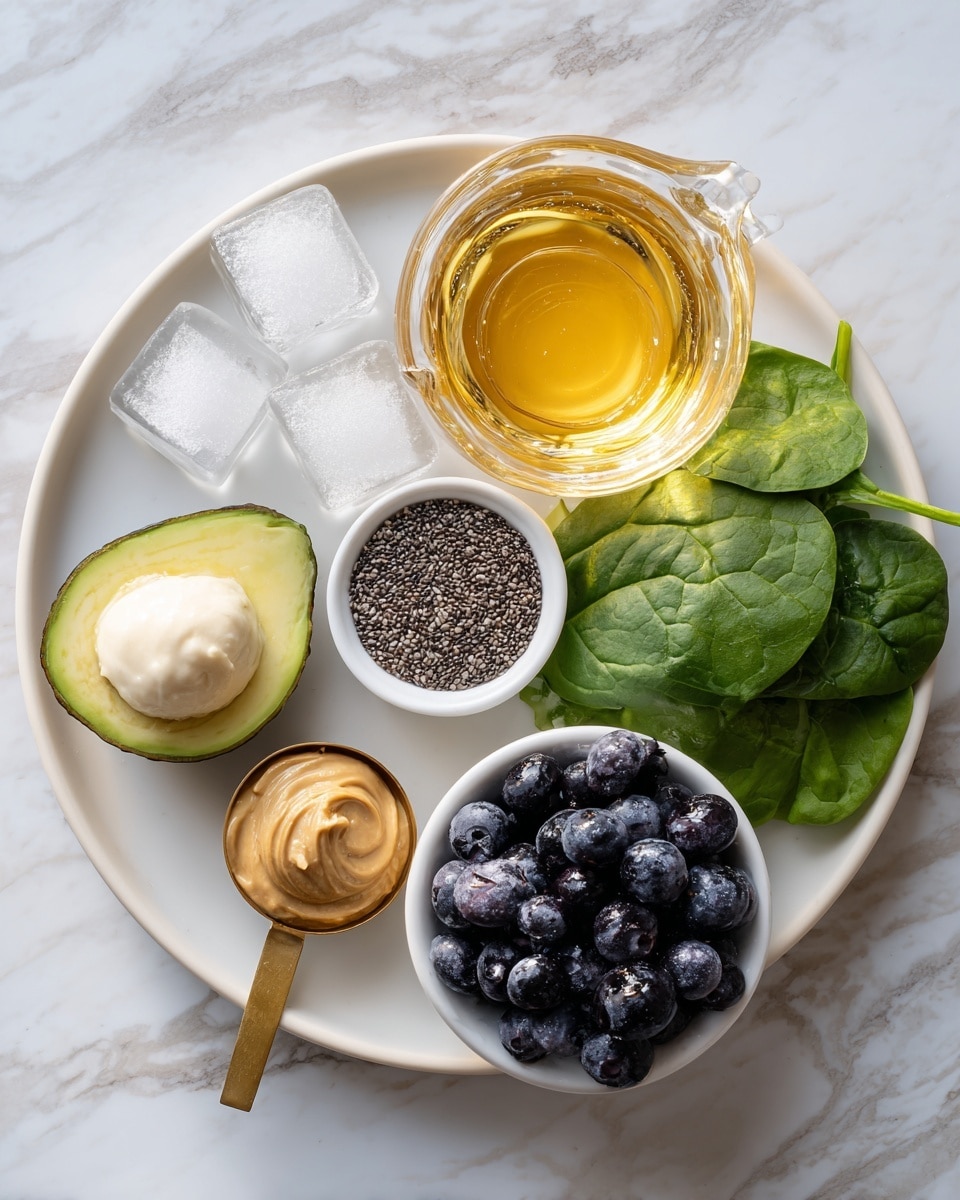 A white plate holds a clear glass measuring cup filled with golden yellow liquid placed near the top center. On the right side of the plate is a small pile of fresh dark green spinach leaves with visible veins. Below the cup is a small white bowl filled with tiny black and white seeds. Next to it is another small white bowl containing creamy white liquid. To the left bottom is a half avocado with light green flesh, resting near a dollop of light brown peanut butter swirled inside a small white dish. At the bottom left corner is a peeled frozen banana with white frost. A brass measuring cup with three clear ice cubes rests at the bottom center. On the right side of the plate is a small white bowl filled with dark purple frozen blueberries. The whole setup is on a white marbled surface. Photo taken with an iphone --ar 4:5 --v 7