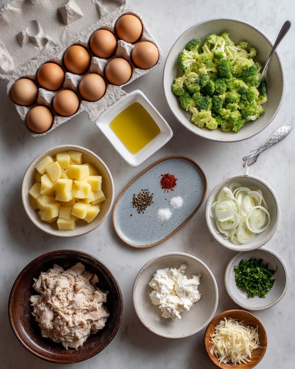 The image shows a white frying pan with small cooked pieces of light brown meat seasoned with green herbs, spread unevenly across the pan surface, with some slightly browned bits and a wooden spatula resting inside. Around the pan, on a white marbled surface, there is a white egg carton with brown eggs on the top left, a glass bottle of yellow oil on the top right, a white bowl filled with chopped green broccoli at the bottom left, and small white dishes with salt and black pepper at the bottom right. photo taken with an iphone --ar 4:5 --v 7