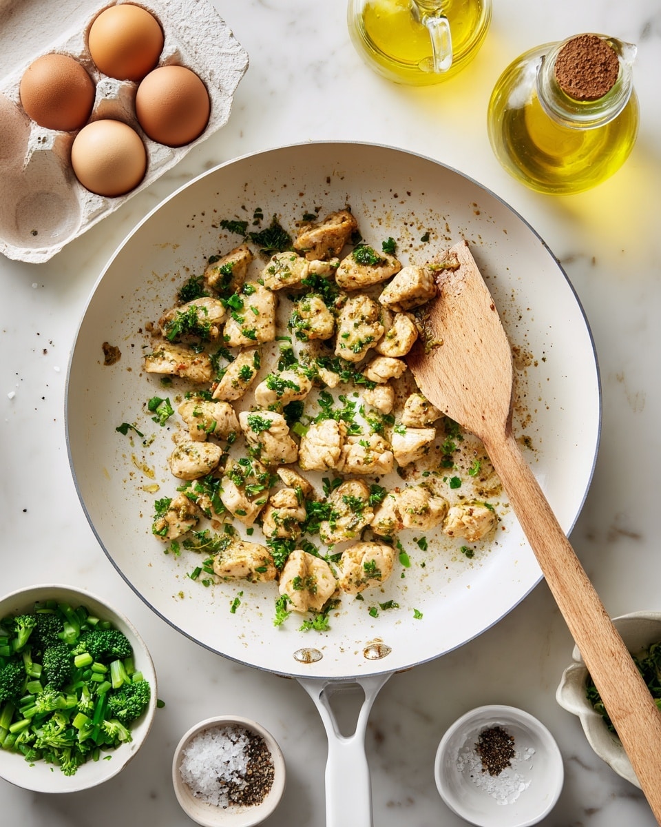 The image shows nine bowls and a carton of eggs arranged on a white marbled surface. At the top left, a cardboard egg carton holds eight brown eggs. To its right, a small white square bowl filled with golden oil sits next to a round bowl filled with finely chopped bright green broccoli. Below the eggs is a white round bowl with yellow cubed potatoes. To the left side, there's a grey plate with three kinds of spices – salt, red pepper, and ground black pepper. Near the center is a light beige bowl filled with white cottage cheese. To its right is a small round white bowl containing thinly sliced pale onions. Towards the bottom left, a dark brown bowl is filled with light beige raw ground chicken, with a white utensil fork inside. Below the onions is a white bowl with chopped green herbs, and next to it is a small white square bowl with salt and pepper. Lastly, at the bottom right, a small wooden bowl holds shredded white cheese. Photo taken with an iphone --ar 4:5 --v 7