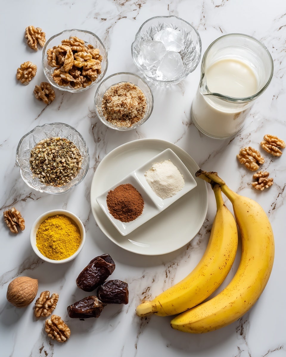The image shows several ingredients arranged on a white marbled surface. There is a peeled yellow banana on a white plate with a small white dish holding two powders, one brown and one white. Nearby are small bowls with yogurt, yellow powder, mixed seeds and ground nuts, walnuts, dark syrup, and a dark brown date. A glass jug holds milk, and a crystal bowl contains ice cubes. Two whole bananas and scattered walnut pieces complete the scene, all viewed from above. photo taken with an iphone --ar 4:5 --v 7