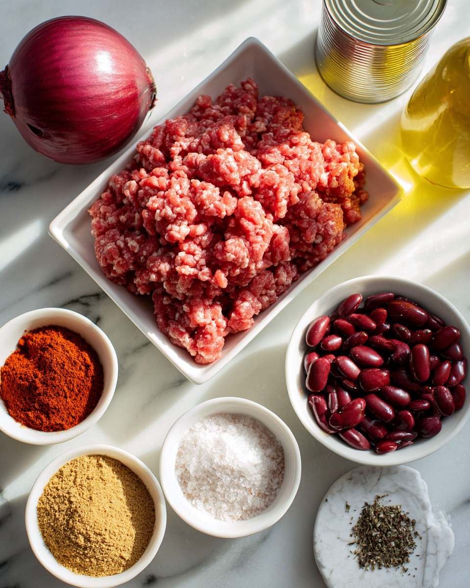 A white tray filled with raw ground beef sits on a white marbled surface, surrounded by various ingredients including a whole red onion placed behind the tray, a can of tomato sauce to the right, and a bottle of olive oil beside it. In front of the tray, there are six small white bowls. From left to right, the first bowl contains bright red chili powder, the second holds golden brown ground cumin, the third is filled with dark red kidney beans, followed by a bowl of coarse white salt, and lastly a bowl with black pepper. The scene is lit by natural light coming through a nearby window, highlighting the textures and colors of each ingredient photo taken with an iphone --ar 4:5 --v 7