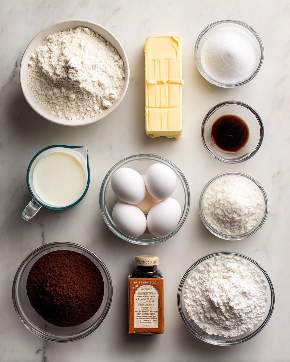 The image shows nine different baking ingredients arranged neatly on a white marbled surface. At the top left is a bowl filled with white flour, next to it on the right is a bowl with fine white sugar. Below the flour is a small bowl holding a stick of yellow butter, and near the center, a clear glass bowl holds six white eggs. In the middle bottom left, there is a clear measuring cup filled with white milk. Below the sugar is an open brown packet of organic cacao powder that has a rich dark brown color in parts of the packet image. Near the bottom right, there's a clear bowl filled with white powdered sugar, a small dark brown bottle of vanilla extract, and an orange box of baking soda, all of which are arranged in two neat columns. Photo taken with an iphone --ar 4:5 --v 7