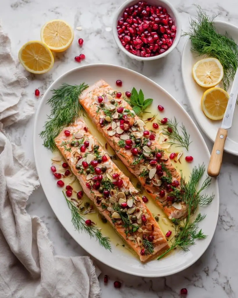 Brown Butter Pomegranate Almond and Dill Roast Salmon Recipe
