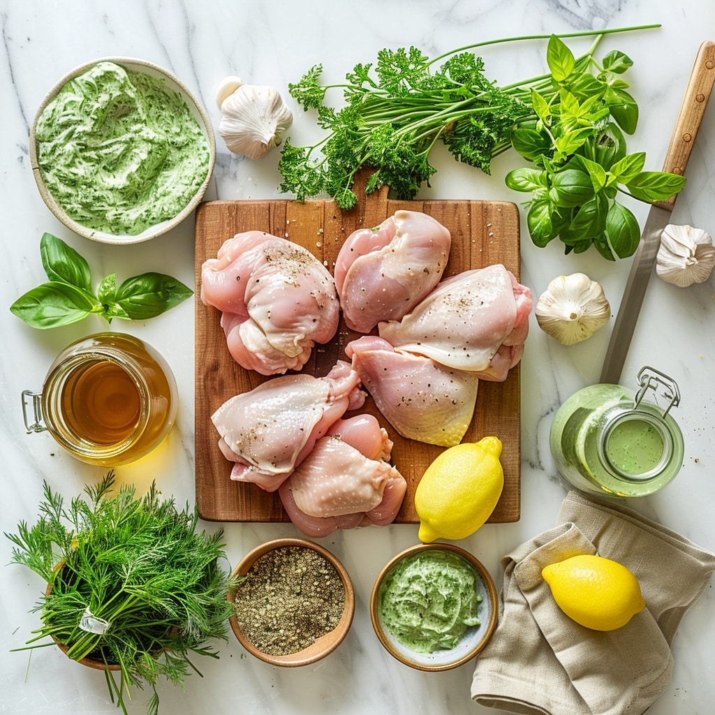 The image shows a white rectangular ceramic dish filled with several raw pieces of chicken covered in a thick, green herb sauce. The sauce has a creamy texture with small green herb bits, evenly coating the chicken pieces and the sides of the dish. The chicken pieces sit close together and have a pale pink color under the green sauce. The dish is placed on a white marbled surface that adds a clean, bright background to the scene. Photo taken with an iphone --ar 4:5 --v 7