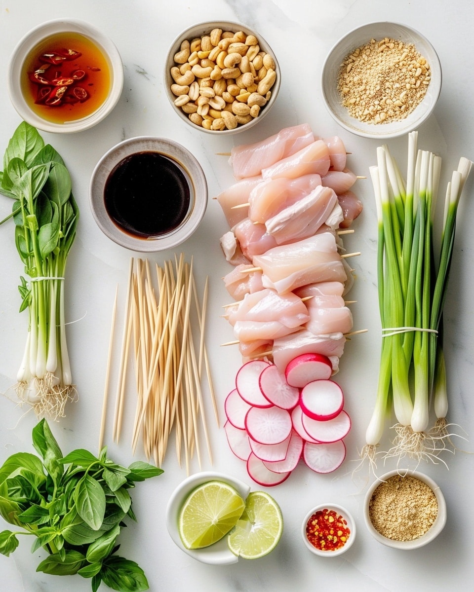 The image shows seven wooden skewers laid out side by side on a white marbled surface covered with a white tray. Each skewer holds several pieces of cooked chicken meat, turning a shiny golden brown with a slightly sticky glaze that reflects light, indicating a sweet or savory sauce. The chicken pieces are irregularly shaped, tightly packed, and stacked vertically from the sharp end to the flat handle of each skewer. The white tray beneath has streaks and spots of sauce and seasoning, adding texture and color with dark and light brown splashes around the skewers. The whole scene is bright, detailed, and looks fresh. photo taken with an iphone --ar 4:5 --v 7