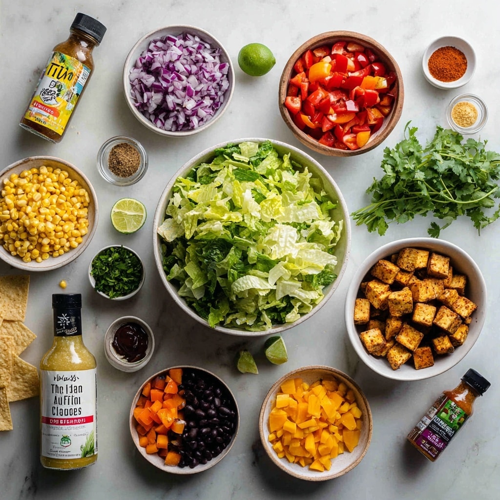 The image shows a collage of four photos for making a salad. The top left photo has small beige tofu cubes with black pepper in a dark pan. The top right photo shows a white bowl with orange-red sauce being whisked, the bowl sitting on a wooden surface. The bottom left photo displays a white bowl filled with layers of chopped orange bell peppers, diced purple onions, chopped green lettuce, black beans, yellow corn, halved red cherry tomatoes, and tofu cubes in the center. The bottom right photo shows a woman's hand pouring the orange-red sauce from a glass jar over the tofu and vegetables in the white bowl, all on the same wooden surface. photo taken with an iphone --ar 4:5 --v 7