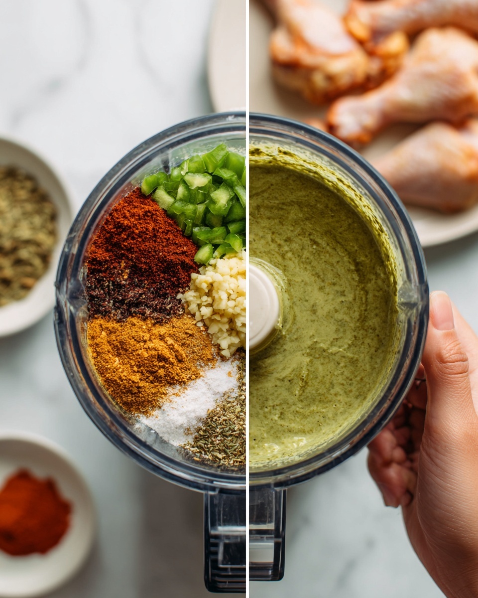 The image shows two vertical pictures side by side on a white marbled surface. The left picture is a close-up top view of a blender cup filled with various colorful spices and chopped green peppers arranged in distinct sections: brown, reddish-brown, green, yellow minced garlic, and white coarse salt, all sitting clearly separated on the bottom. The right picture captures a woman’s hand holding the blender cup now filled with a smooth, thick greenish sauce. Behind this, there is a white plate with raw chicken drumsticks and a partially visible appliance on the white marbled surface. Photo taken with an iphone --ar 4:5 --v 7