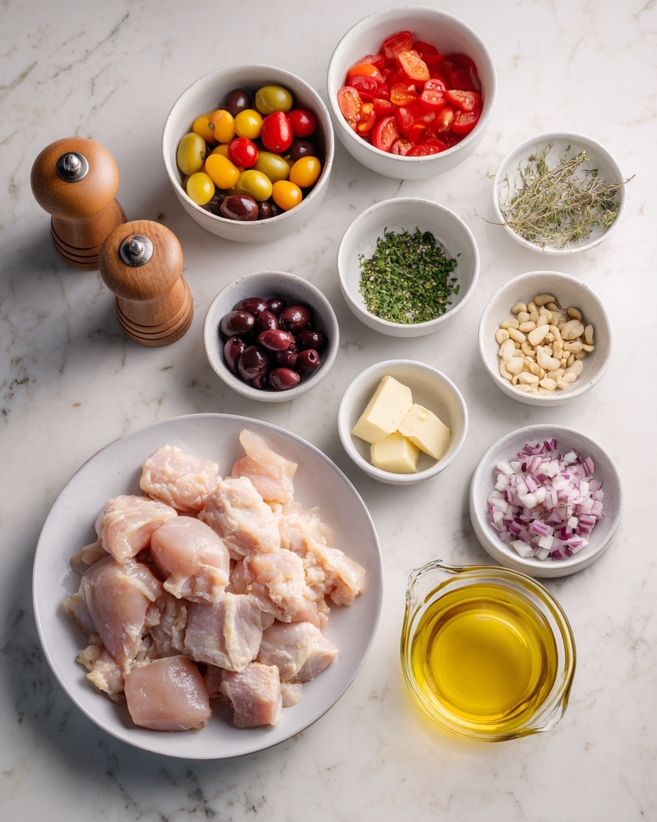 The image shows several white bowls and a white plate on a white marbled surface. In the white plate on the bottom left, there are several raw chicken pieces, light pink in color and smooth in texture. Around the plate, there are white bowls with different ingredients including a mix of yellow, red, and orange cherry tomatoes; dark brown, red, and black olives; chopped fresh green herbs; small diced red tomatoes; chopped light purple shallots; a small block of pale yellow butter; off-white minced garlic; pale green capers; small beige pine nuts; and a transparent measuring cup filled with golden orange broth. There is also a small clear bottle of olive oil next to the chicken. On top, a wooden salt and pepper grinder set sits on the marbled surface. Photo taken with an iphone --ar 4:5 --v 7