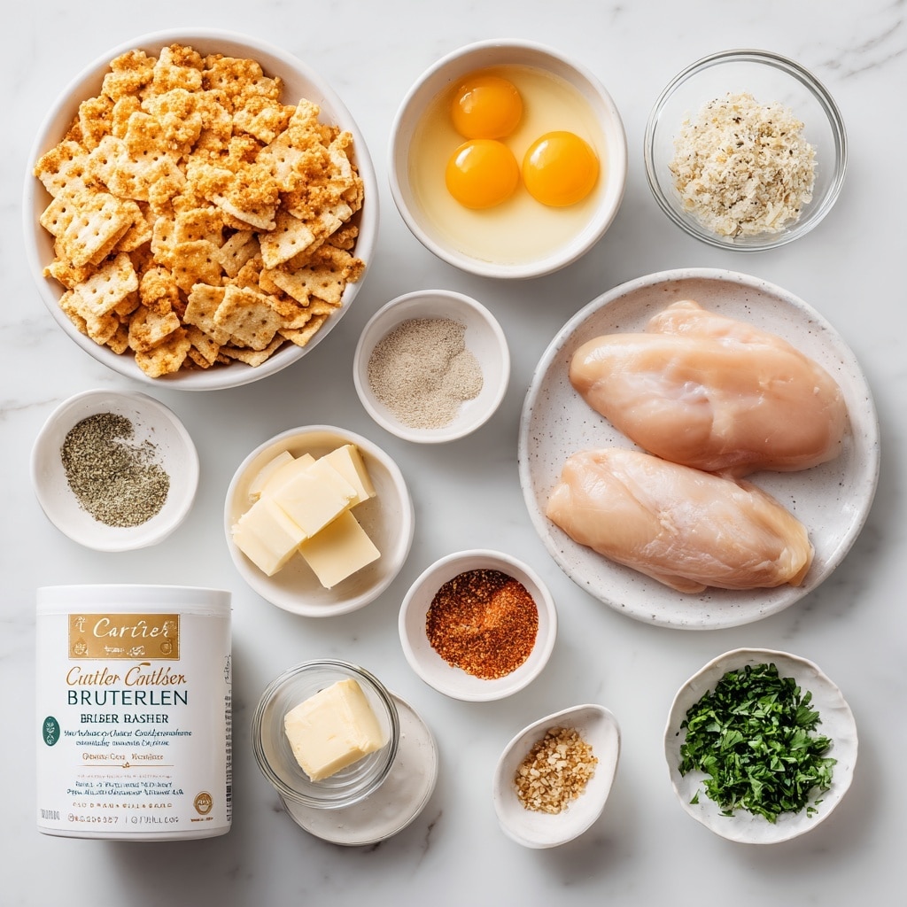 A four-image collage shows the process of preparing a breaded chicken dish. The first image shows two raw light pink chicken pieces in a white bowl with a yellow egg wash beneath them. The second image displays a white bowl filled with a mix of crushed light brown crackers and various spices, including black, orange, and white powders layered separately on top. The third image shows one chicken piece fully covered with the cracker mixture, giving it a coarse, crumbly light brown texture while resting in the same white bowl. The final image shows four breaded chicken pieces arranged neatly on a foil-lined baking tray, each with small butter dollops scattered on top. The background appears as a white marbled surface with a blue striped cloth nearby. Photo taken with an iphone --ar 4:5 --v 7