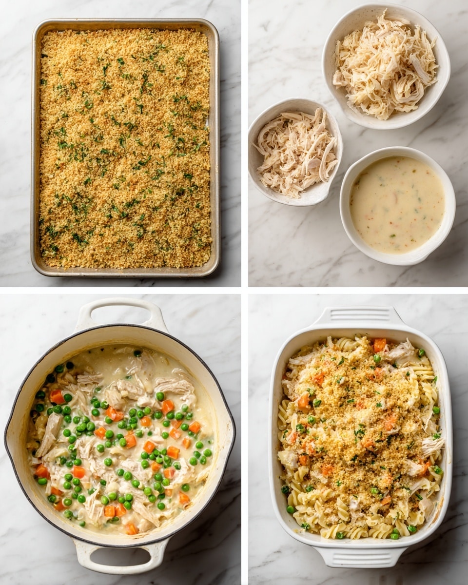 The image shows four steps of making a creamy chicken casserole on a white marbled surface. The top left photo has a baking sheet filled with golden brown breadcrumb mix that has green herbs scattered throughout. The top right photo shows a white pot with a smooth, light beige creamy sauce inside, with a bowl of shredded chicken and a small bowl of liquid nearby. The bottom left photo shows the same pot now filled with the creamy sauce mixed with shredded chicken, bright green peas, and small orange carrot cubes. The bottom right photo shows a white baking dish filled with the creamy chicken and vegetable mix, topped with the golden brown breadcrumb and herb mixture from the first photo. Photo taken with an iphone --ar 4:5 --v 7