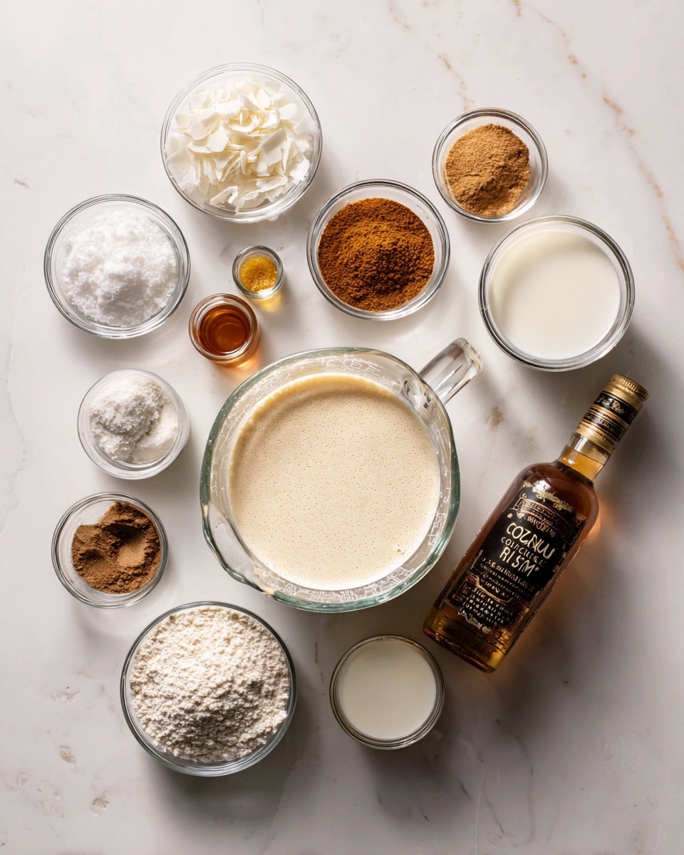 The image shows a filled glass pitcher with creamy light brown drink on a wooden board, with some cinnamon sticks and cloves scattered nearby. Next to it, two top views of a blender jar are seen: the first top view shows the drink ingredients inside with brown powders sprinkled on a foamy white liquid, and below it, the second top view shows the blended light brown drink with bubbles on top. All items are placed on a white marbled surface. photo taken with an iphone --ar 4:5 --v 7