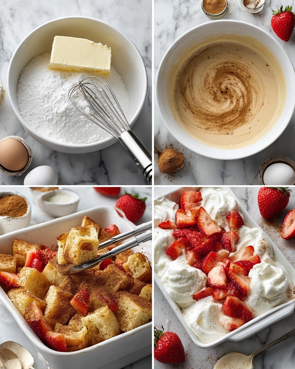 The four-image collage shows the process of making a dessert. The first image has a white bowl with a block of pale butter and white powdered sugar on top, with a mixer whisk resting nearby on a white marbled surface. The second image shows a white bowl filled with a mix of light brown cinnamon powder swirling on top of a creamy liquid. The third picture displays a white bowl with the same creamy cinnamon liquid, with a piece of croissant held by tongs dipping into the mixture, showing a smooth and slightly textured surface. The fourth image displays a white rectangular dish filled with torn croissant pieces, layered with bright red strawberry chunks and dollops of white cream, surrounded by fresh strawberries, eggshells, and a spoon with cream on the white marbled background. photo taken with an iphone --ar 4:5 --v 7