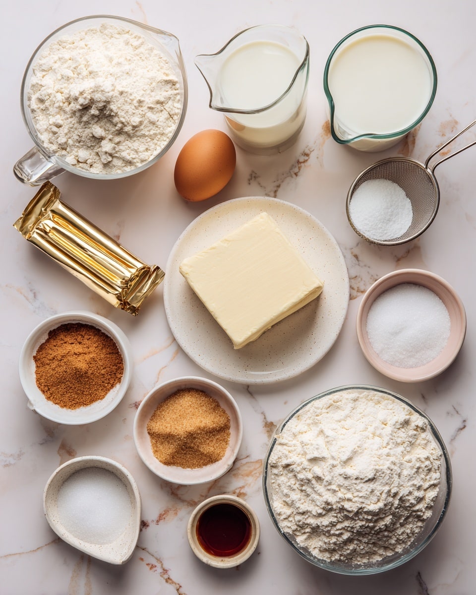 The image shows various baking ingredients arranged on a white marbled surface. There is a large clear measuring cup filled with white flour on the right side, and above it, another clear measuring cup with milk. Below the flour, a white plate holds a large square of cream cheese with a small gold butter wrapped stick beside it. To the lower left, a small white bowl is filled with light brown sugar, while next to it is a small white dish containing a pile of ground cinnamon. Above these, a small gold butter stick is placed near a packet of yeast and another gold butter stick next to a single brown egg set in a small light pink dish. There are also small bowls with salt, white granulated sugar in a metal mesh scoop, vanilla extract in dark brown liquid in small white dishes, and powdered sugar in a metal mesh scoop. Everything is neat and clear, showing the ingredients for baking clearly and simply. Photo taken with an iphone --ar 4:5 --v 7