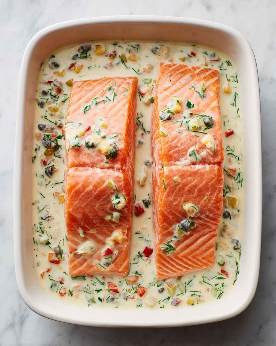 A white rectangular dish holds two raw salmon fillets lying side by side. The salmon pieces have a smooth, bright orange surface with visible white lines. The fillets are surrounded and partly covered by a creamy white sauce mixed with small pieces of green and black olives. The sauce has a thick, slightly lumpy texture with bits of herbs and diced vegetables scattered throughout. The dish rests on a white marbled surface. photo taken with an iphone --ar 4:5 --v 7