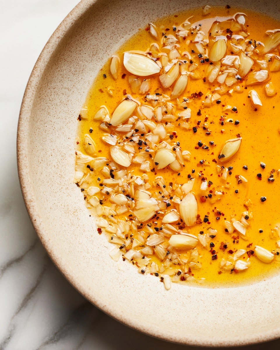 A close-up view of a light tan pan showing small pieces of cooked garlic in a spread of orange-yellow oil with some dark specks scattered around. The garlic pieces are unevenly spread mostly on the left side of the pan, with some clear pan surface visible on the right in a circular pattern. The background is a white marbled texture. photo taken with an iphone --ar 4:5 --v 7