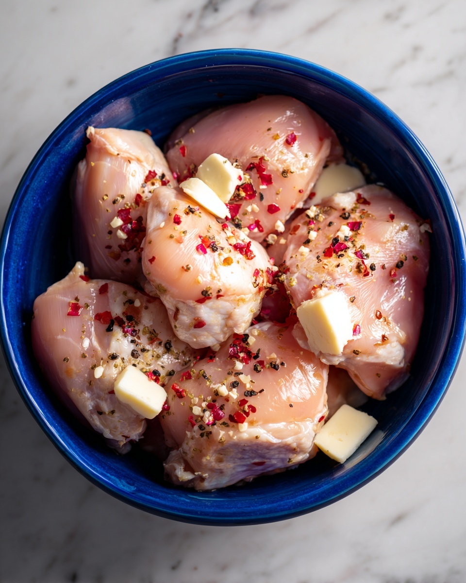A deep blue bowl filled with several raw chicken pieces that are pale pink with smooth, shiny skin. Each piece is sprinkled with black pepper and red chili flakes, adding small red and black specks on top. There are small white chunks of butter placed on some chicken pieces. The bowl sits on a white marbled surface. photo taken with an iphone --ar 4:5 --v 7