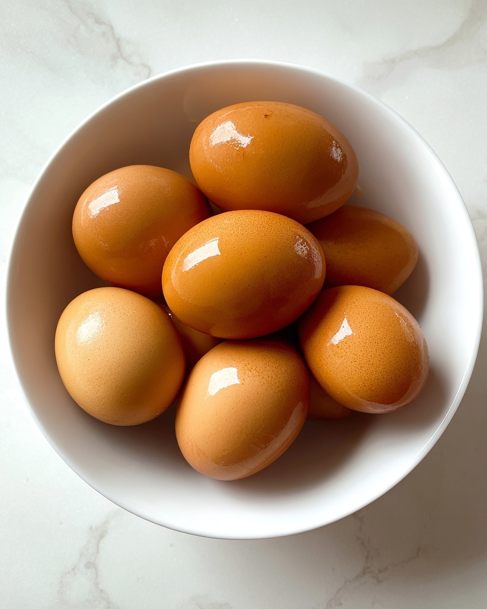 A white bowl filled with eight shiny brown eggs, each smooth with a glossy surface that reflects light in square shapes, sitting close together inside the bowl. The eggs have a uniform, warm brown color with small natural marks and slight lines. The bowl is placed on a white marbled texture surface. Photo taken with an iphone --ar 4:5 --v 7