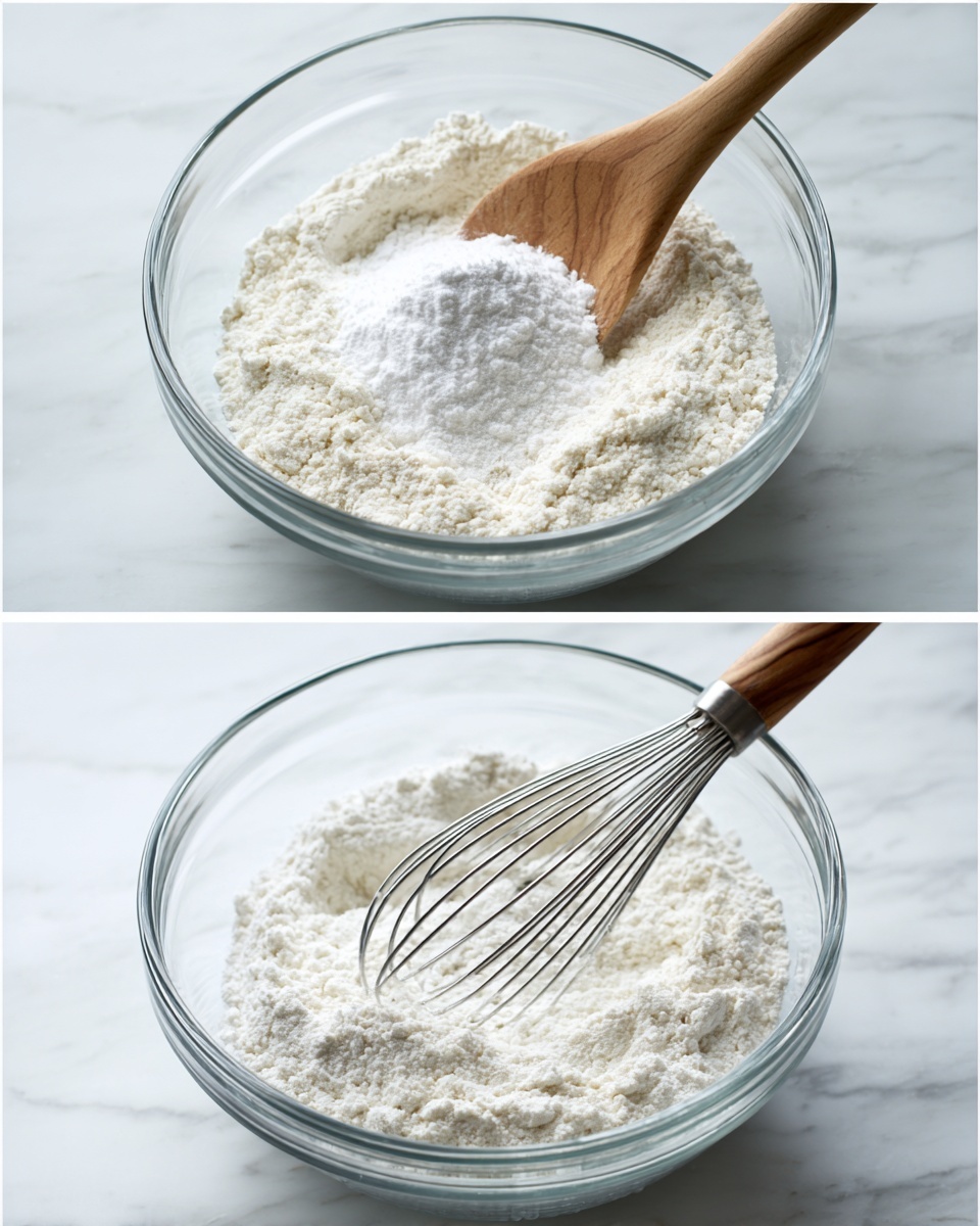 Two images show a clear glass bowl on a white marbled surface. Inside the bowl is a large layer of off-white flour with a small mound of white baking powder sitting on top in the middle. In the second image, a wooden whisk with thin metal wires is inside the bowl, blending the flour and baking powder together into one even layer of light powder. Photo taken with an iphone --ar 4:5 --v 7