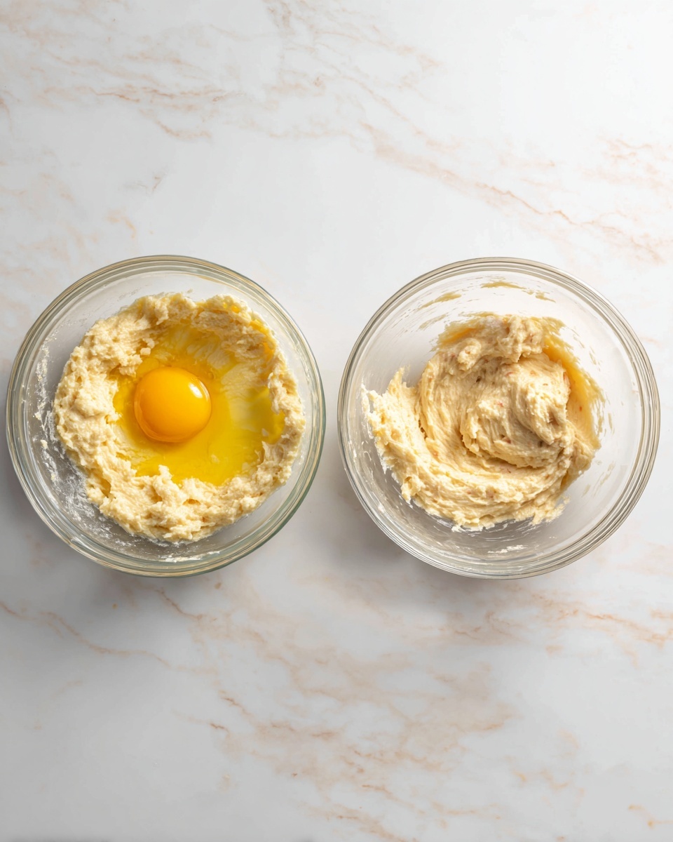 Two clear glass bowls are placed on a white marbled surface, each showing different stages of mixing ingredients. The first bowl on the left has a creamy, pale yellow batter with a rough texture, and a whole egg yolk sits in the center, bright yellow and smooth. The second bowl on the right shows the batter more blended into a smooth, light beige cream with darker specks, likely zest and vanilla, sitting on top and resting in the middle of the batter. photo taken with an iphone --ar 4:5 --v 7