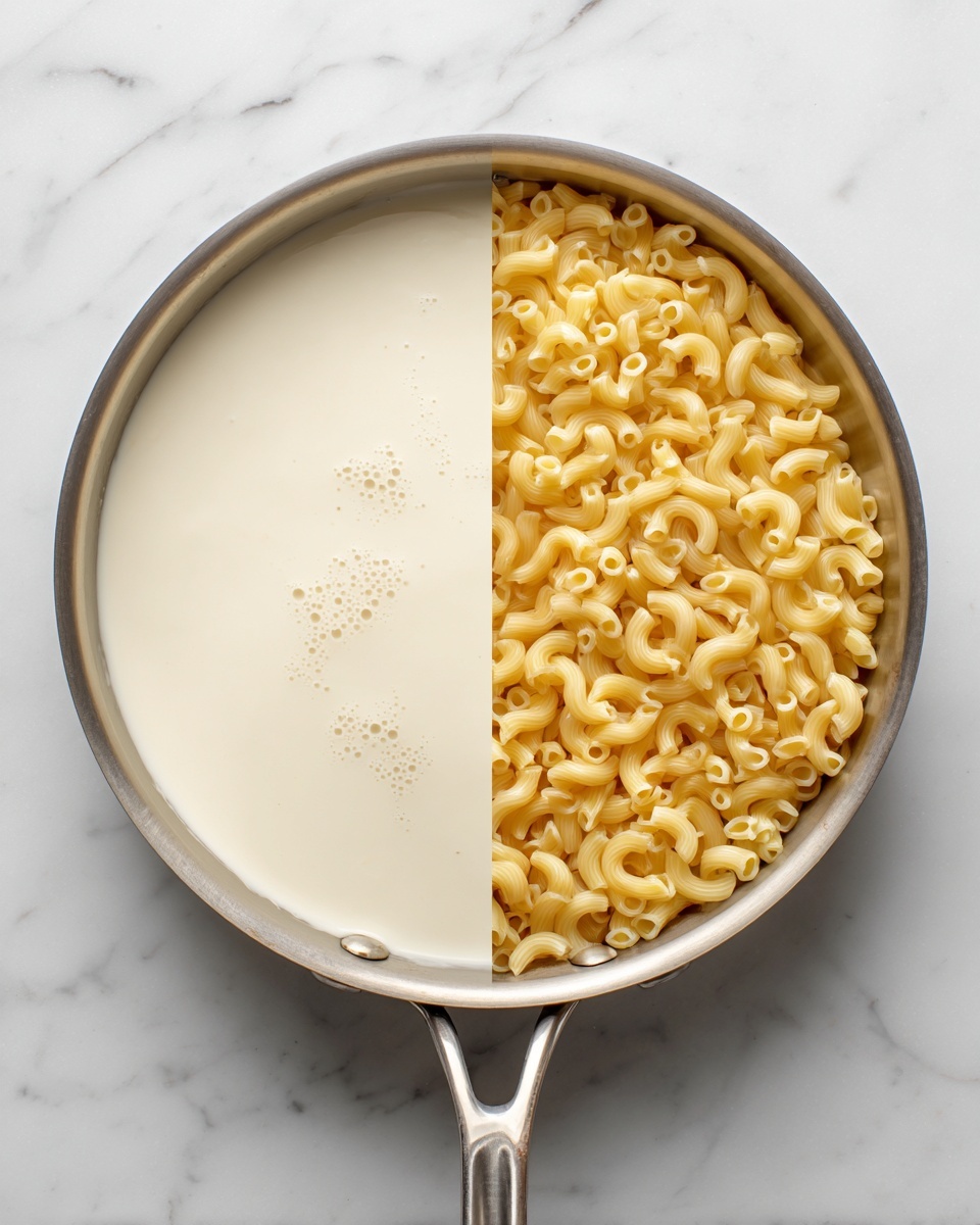 A cooking pan with one handle holds two layers side by side; the left half shows a smooth, creamy white sauce with a few tiny bubbles, and the right half has a pile of small, yellow elbow macaroni pasta, uncooked, arranged loosely. The pan sits on a white marbled surface. photo taken with an iphone --ar 4:5 --v 7