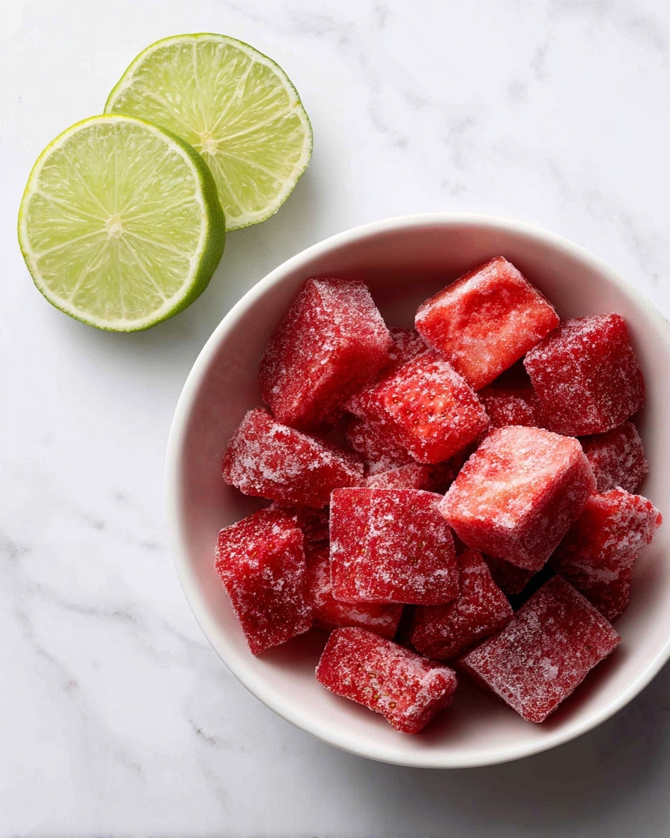 A white bowl filled with bright red frozen strawberry chunks, each piece coated with frost giving a rough texture, sits on a white marbled surface. To the top left of the bowl, there is a fresh green lime half with visible segments facing upwards, positioned slightly apart from the bowl. The overall scene is clean and simple with a contrast between the red fruit and the green lime, all placed on the smooth white marbled background. Photo taken with an iphone --ar 4:5 --v 7