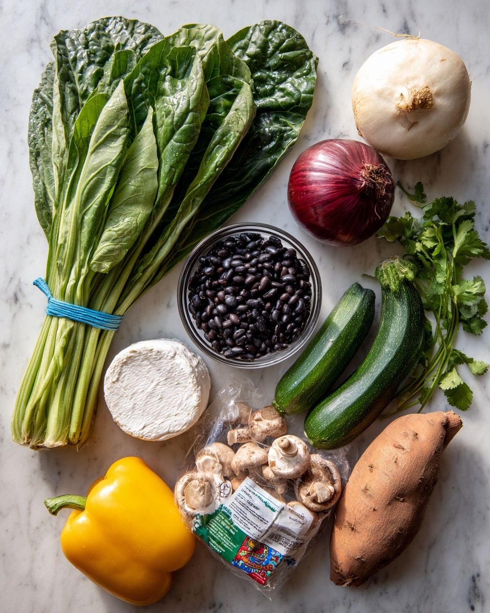 The image shows a collection of fresh vegetables and ingredients spread out on a white marbled surface. Starting from the top left, there is a bunch of large green leafy greens with long stems bound by a blue rubber band. To the right, a white turnip sits next to a round red onion with a shiny purple-red outer layer. Below the onion, a clear glass bowl is filled with black beans. Moving to the bottom left, there is a bright yellow bell pepper, a dark green zucchini, and a white round cheese wrapped in plastic with a colorful purple and green label. A smooth brown sweet potato lies near the center, next to several light brown shiitake mushrooms that show their textured, scaly tops. Fresh cilantro leaves with thin green stems are placed near the mushrooms, adding a vibrant green texture to the mix. The overall scene is bright and colorful, with the natural textures of the vegetables clearly visible. Photo taken with an iphone --ar 4:5 --v 7