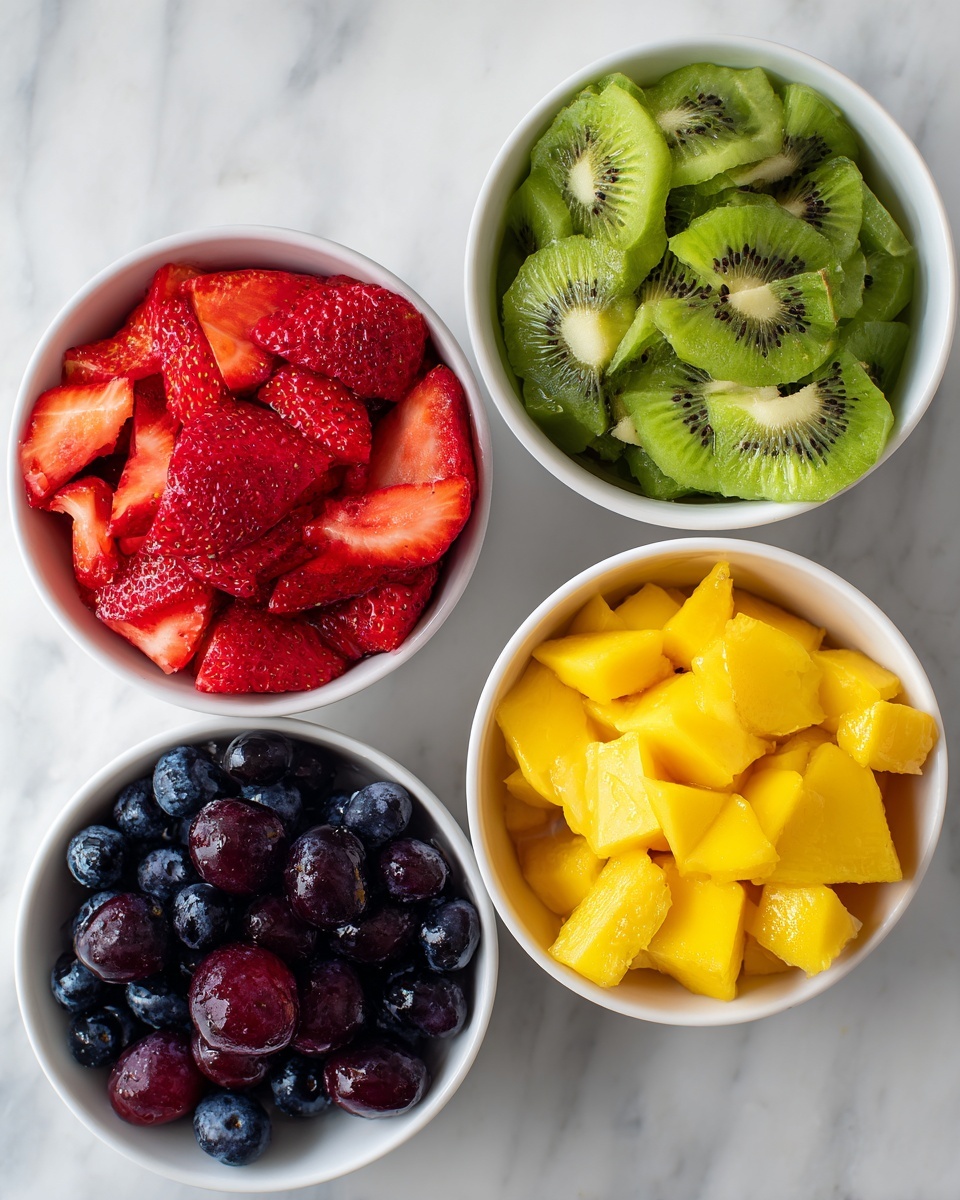 Three white bowls sit on a white marbled surface, each filled with different sliced fruits. The top left bowl is full of red strawberry slices with visible seeds and soft texture. The top right bowl holds bright green kiwi slices showing the seeds and light green centers in a neat pile. The larger bottom bowl contains three fruit sections: dark purple red grape halves on the left, dark blue shiny blueberries in the middle, and bright yellow mango chunks on the right, all packed closely together. The colors are vivid and fresh, with natural light enhancing the juicy textures photo taken with an iphone --ar 4:5 --v 7
