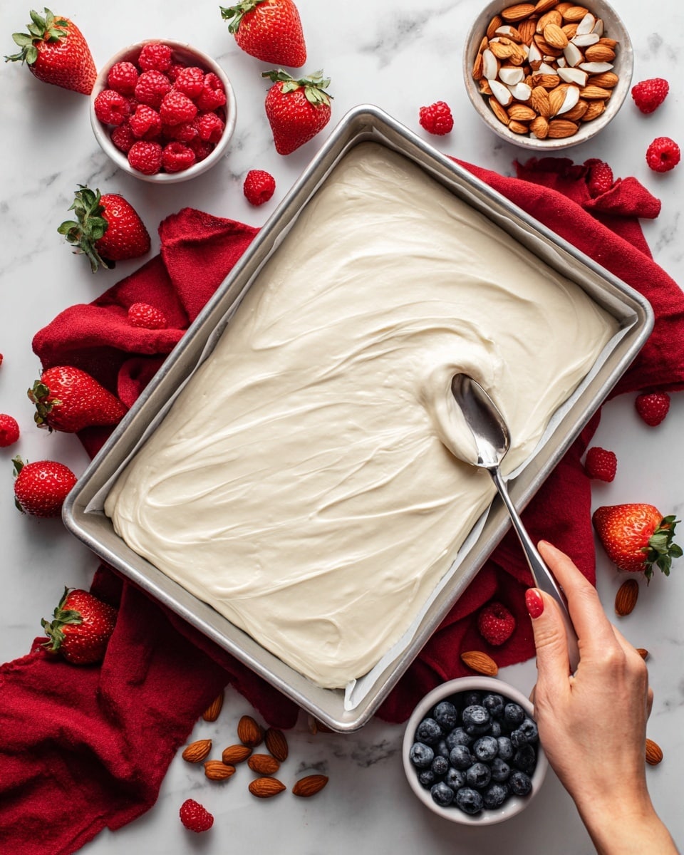 A rectangular metal baking tray lined with parchment paper is filled with a thick, smooth, white creamy layer being spread evenly by a woman's hand holding a spoon. Around the tray, there are fresh strawberries, raspberries, whole almonds, chopped almonds in a small white bowl, blueberries in a white bowl, and a red cloth, all placed on a white marbled surface. The creamy layer looks soft and glossy, covering the whole tray evenly. photo taken with an iphone --ar 4:5 --v 7
