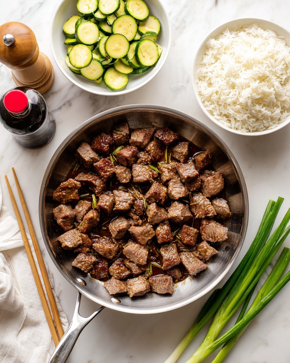 A shiny metal frying pan filled with many small, brown, cooked beef cubes that have a slightly seared texture and some darker browned edges, placed on a white marbled surface. Above the pan, there is a white bowl with light green sliced zucchini pieces in a simple half-moon shape. To the right, a white bowl holds a mound of cooked white rice with a fluffy texture. On the left side, there is a small wooden pepper grinder, a dark soy sauce bottle with a red cap, and two light brown wooden chopsticks resting on the surface. At the bottom right corner, two fresh green onions lay diagonally across the white marbled background with bright green tops and white bulbs. A white cloth napkin is folded and placed near the pan on the left side. Photo taken with an iphone --ar 4:5 --v 7