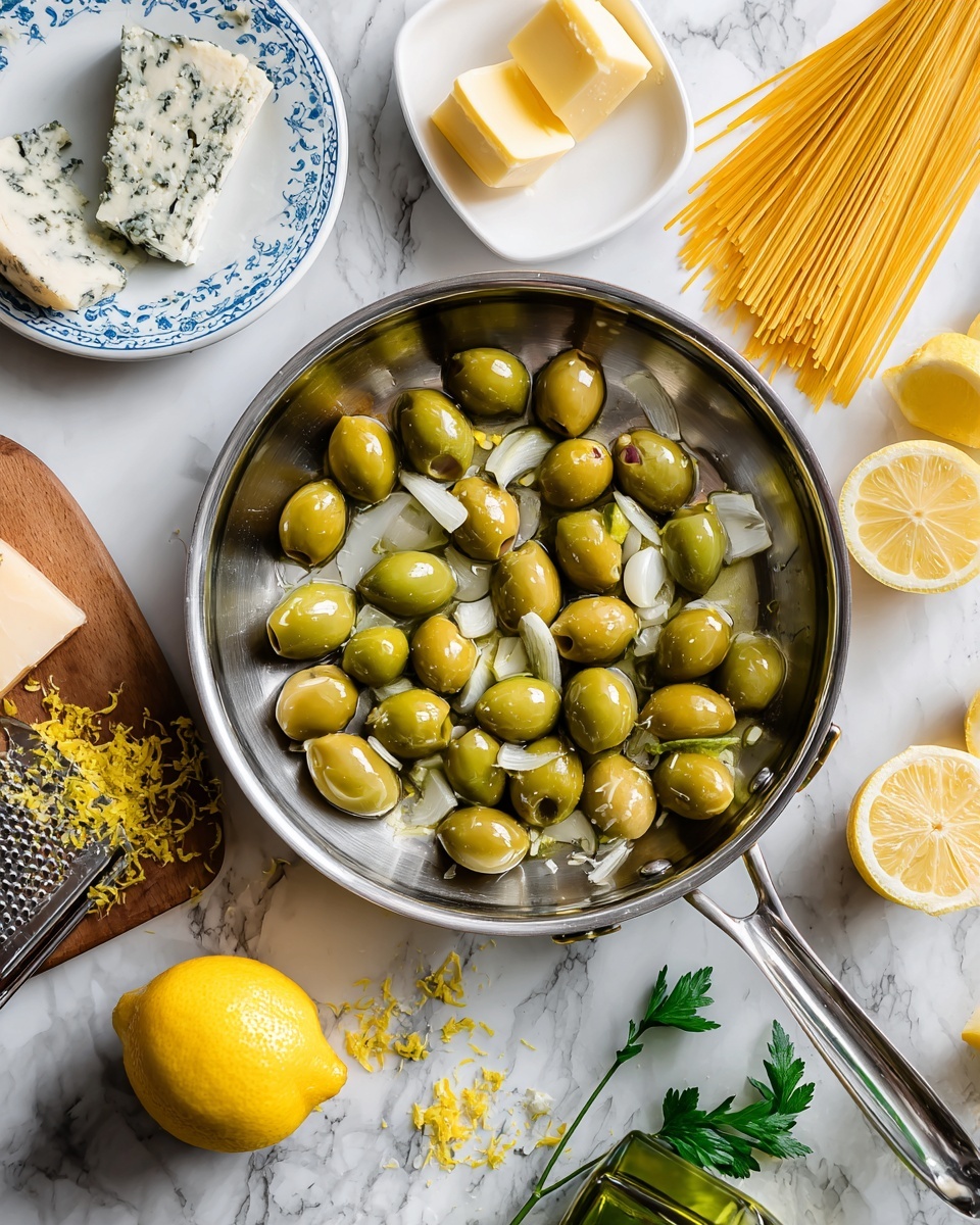 A shiny silver pan sits in the center on a white marbled surface. Inside the pan are many green olives, sliced in half, scattered around and resting near small slices of white garlic and bright yellow lemon zest. To the top left, there is a white plate with blue patterns holding a wedge of white cheese with blue veins. Above the pan, a small white dish contains two slices of yellow butter. At the top right corner, a packet of uncooked spaghetti noodles spills onto the marbled surface. At the bottom left, a fresh yellow lemon rests on a small brown board with some lemon zest sprinkled around and a grater nearby. In the bottom right corner, a green glass bottle lies on its side with a white label, partially visible. Some parsley leaves are seen near the right edge. photo taken with an iphone --ar 4:5 --v 7