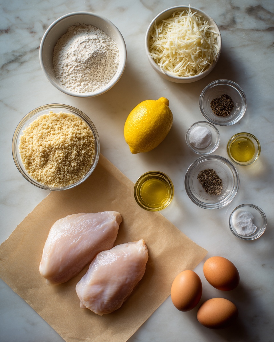 The image shows raw food ingredients arranged neatly on a white marbled surface. At the center, two raw chicken pieces lie on a sheet of light brown parchment paper, their pale pink color smooth and moist. Below the chicken, a clear glass bowl holds light golden breadcrumbs, coarse and textured. To the left of the bowl, a white bowl contains white flour with a powdery texture. Above the flour, a small glass bowl has golden yellow oil, shiny and clear. Above the oil is a small white bowl filled with finely shredded white cheese that looks soft and fluffy. Just above the cheese, a whole bright yellow lemon sits on the marble. To the right of the lemon, three small clear bowls contain different spices: black pepper, garlic powder, and salt, their colors black, light tan, and white respectively. On the far right is a small white bowl holding two brown eggs with smooth shells. The lighting is soft and natural, showing clear colors and textures. Photo taken with an iphone --ar 4:5 --v 7