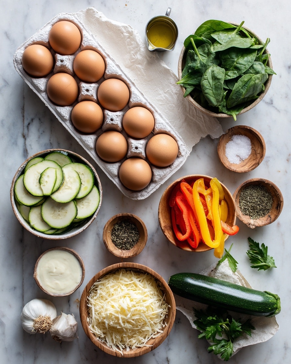 The image shows ingredients neatly arranged on a white marbled surface. In the center, six brown eggs sit in a white ceramic egg tray. Around the eggs, there are bowls holding sliced zucchini with a green and white color, fresh spinach leaves with a dark green color, and sliced red and yellow bell peppers. Two small wooden bowls contain salt, pepper, and dried herbs. Below, there is a wooden bowl filled with grated cheese, a block of cheese, and a small metal cup of cream. Two shallots and three garlic cloves are placed on the left side, and a small metal cup with olive oil is on the right side. Some green parsley leaves lay near the top edge. Photo taken with an iphone --ar 4:5 --v 7