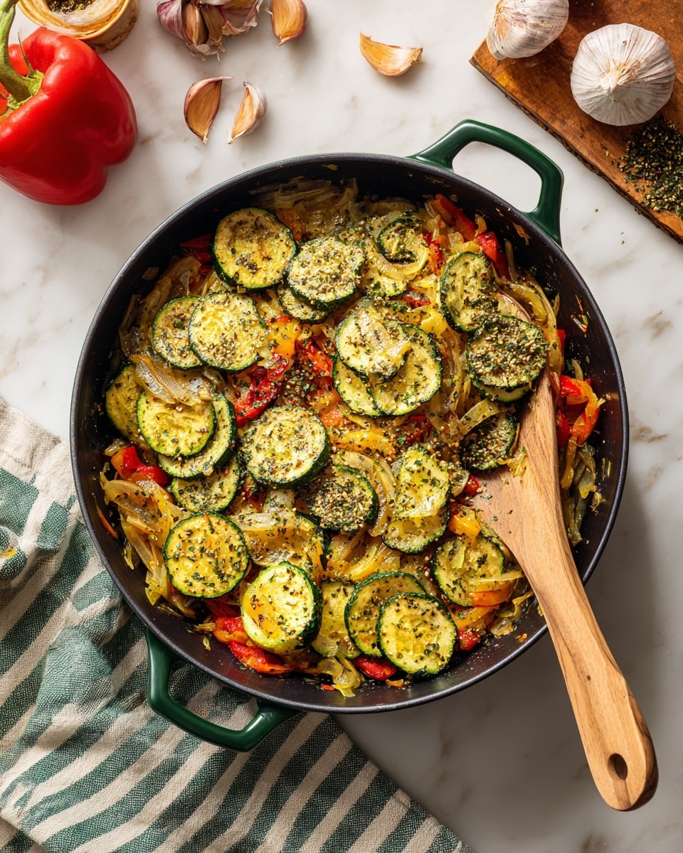 A green-handled black pan sits on a white marbled surface filled with cooked vegetables. The bottom layer shows thin, soft onion slices mixed with red and yellow bell peppers, giving a bright contrast of orange, yellow, and red. On top, thick semi-circles of fresh green zucchini are scattered evenly, sprinkled with dried herbs in small black and green flakes. A wooden spatula rests inside the pan, partly covering the vegetables and adding a natural wood texture to the scene. Around the pan, there's a green and white striped cloth, a wooden board with shallots, garlic cloves, and a red bell pepper, all placed on the white marbled surface. Photo taken with an iphone --ar 4:5 --v 7