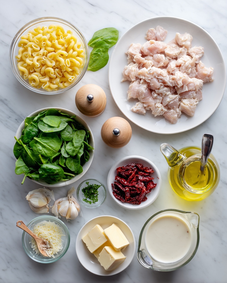 A top view of raw cooking ingredients arranged neatly on a white marbled surface: a clear bowl filled with yellow macaroni pasta at the top left, a white plate on the right with light pink pieces of raw chicken in small chunks, a white bowl below the pasta with fresh green spinach leaves, and a small white dish below the spinach holding deep red sundried tomatoes. Near the center are two wooden shakers for salt and pepper, a small white bowl with a clove of garlic, and another small glass bowl with green herbs and a tiny wooden spoon. Below these, a small clear bowl has two pieces of pale yellow butter, a white bowl to the right holds light grated cheese, and a metal measuring cup filled with white cream is next to a glass measuring jug containing a yellowish liquid. A clear glass bottle with a silver spout holds golden olive oil near fresh green basil leaves at the top. Photo taken with an iphone --ar 4:5 --v 7