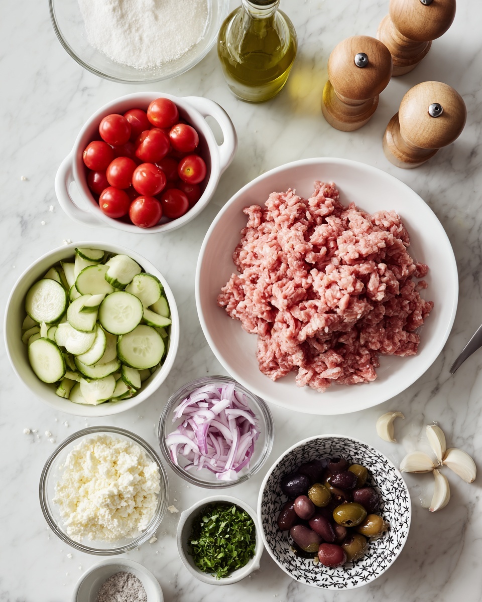 A top-down view shows several white dishes and containers arranged on a white marbled surface. In the center right, a large white plate holds pale pink ground meat with a slightly wet texture. Around it are smaller containers: bright red cherry tomatoes halved in a white bowl with handles at the top left, pale green sliced zucchini in a small white bowl to the middle right, chopped purple and white onion pieces in a black bowl with white patterns at the bottom right, dark brown olives in a clear glass bowl at the bottom left, and a small white bowl with green herbs at the bottom right. Near the center bottom is a clear bowl filled with white crumbled cheese, and next to it a small white bowl holds finely chopped garlic. To the top left, there is a green olive oil bottle, and two wooden salt and pepper shakers beside it. The whole scene is set on a clean white marbled surface. photo taken with an iphone --ar 4:5 --v 7
