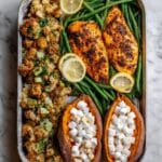 Sheet Pan Turkey Breast Dinner with Stuffing Green Beans and Sweet Potatoes Recipe