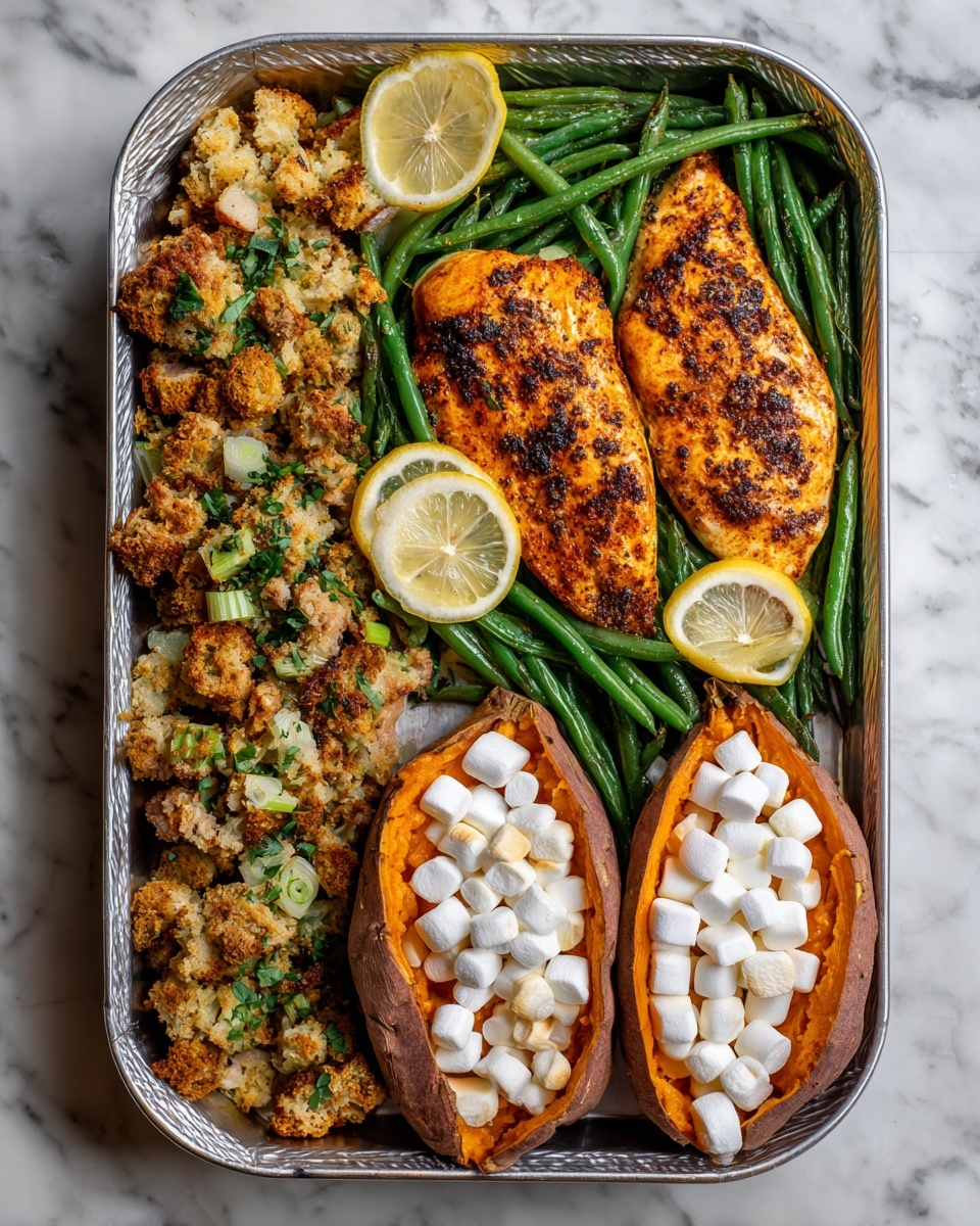Sheet Pan Turkey Breast Dinner with Stuffing Green Beans and Sweet Potatoes Recipe