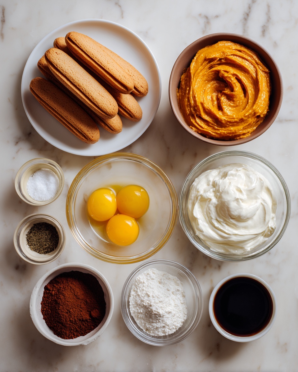 The image shows a flat lay of ingredients on a white marbled surface. In the top left, there is a small white plate with six light brown elongated ladyfinger biscuits stacked slightly on each other. To the top right, a brown bowl filled with thick orange puree with a swirled texture. Below it, there is a clear glass bowl with a thick white creamy substance, and next to it another clear bowl filled with a frothy light cream mixture. In the center, a white bowl holds two bright yellow egg yolks, while near it is a small white bowl with white granulated sugar. At the bottom left, a small bowl holds brown cocoa powder, and next to it, another small bowl has a dark black coffee liquid. Finally, a tiny bowl in the bottom left corner contains two dark ground spice powders side by side. photo taken with an iphone --ar 4:5 --v 7
