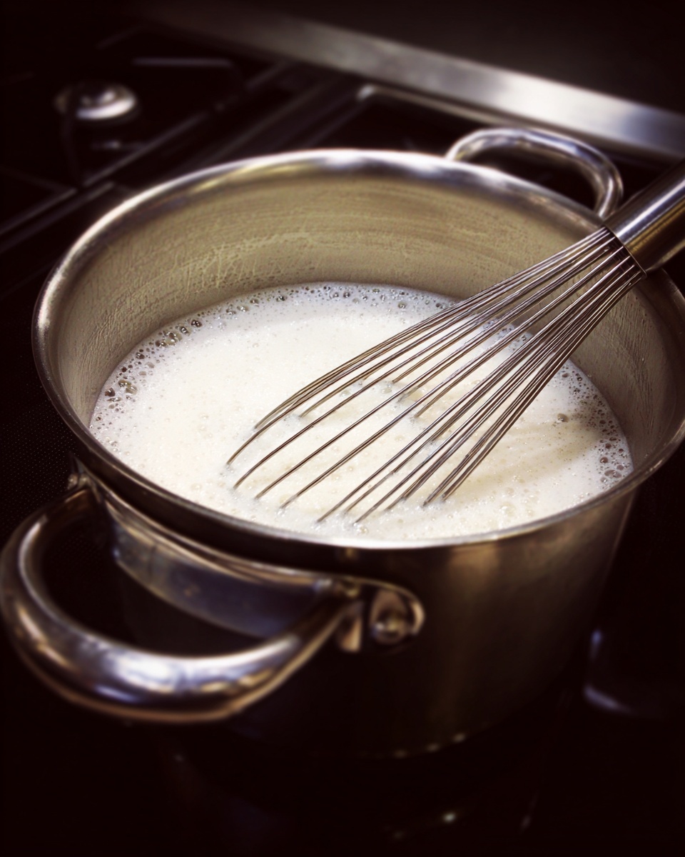 A silver metal pot filled with white foamy liquid sits on a black stove. A silver whisk with many thin wires is in the pot, stirring the liquid. The side handle of the pot is visible on the left. The scene is simple with no other items around, and the pot's surface is shiny but slightly worn. photo taken with an iphone --ar 4:5 --v 7